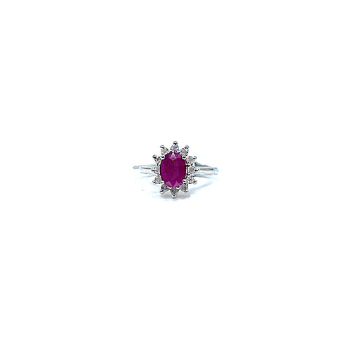 14 Karat white gold oval ruby ring with a halo of diamonds 200-00299