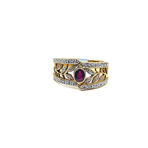 18 Karat yellow gold ruby and diamond wide band with a leaf pattren 950-01051