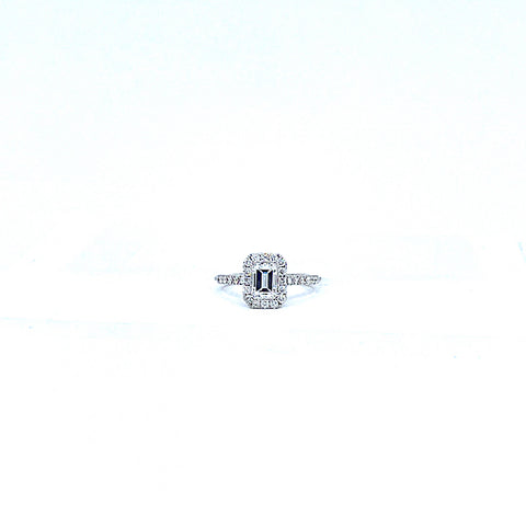 14 Karat white gold emerald cut diamond halo engagement ring with .94 carat VS1/G