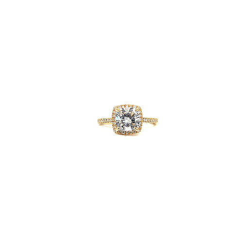 14 Karat yellow gold cushion cut halo style lab grown diamond engagement ring with 2 .0 carat center and 2.25 TCW 888-00018