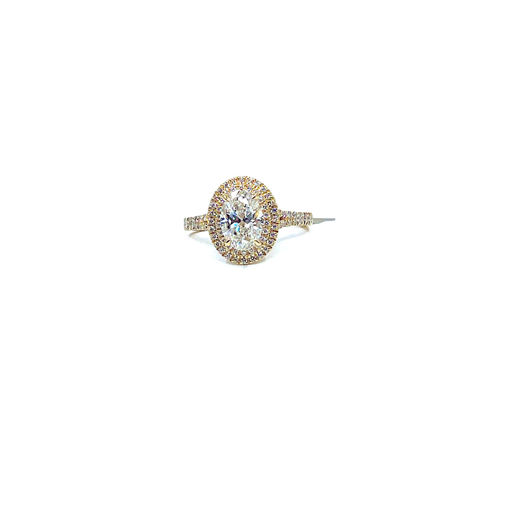 14 Karat yellow gold double halo oval engagement ring with 1.50 carat VS/GH lab grown oval diamond with 2.0ctw 888-00012