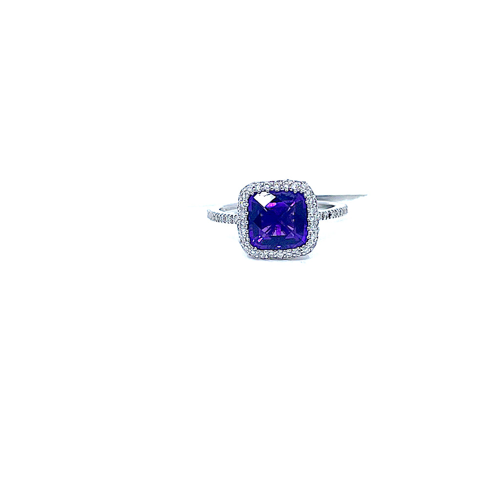 14 KARAT WHITE GOLD AMETHYST RING WITH A HALO OF DIAMONDS 200-00217