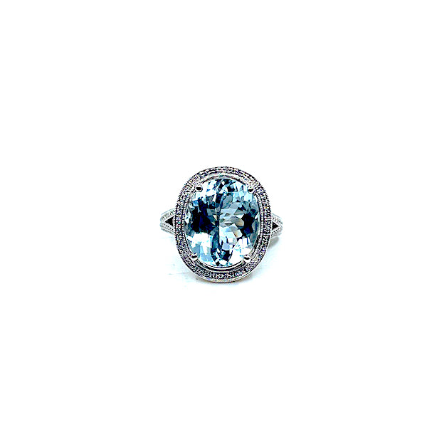 14 Karat white gold oval aquamarine ring with a vintage style halo 200-00359