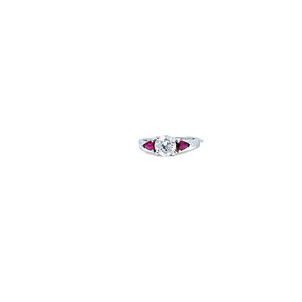 Platinum engagement ring with 1.03 carat I1/I cetner stone and accent rubies on the side 950-00477